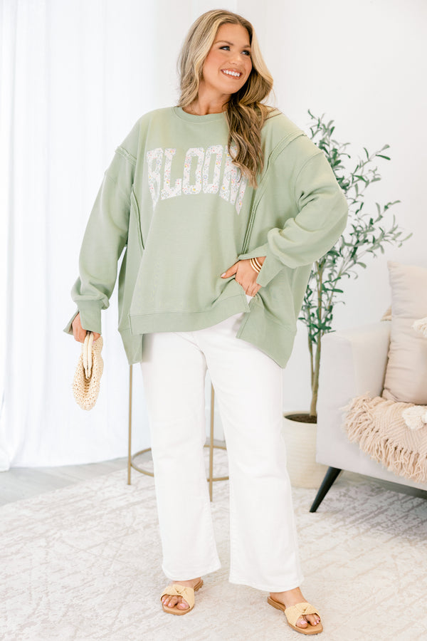Chic Soul plus size clothing, light sage long sleeve crew with 