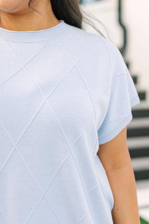 Chic Soul plus size clothing, blue short sleeve sweater with a diamond panel texture throughout. 