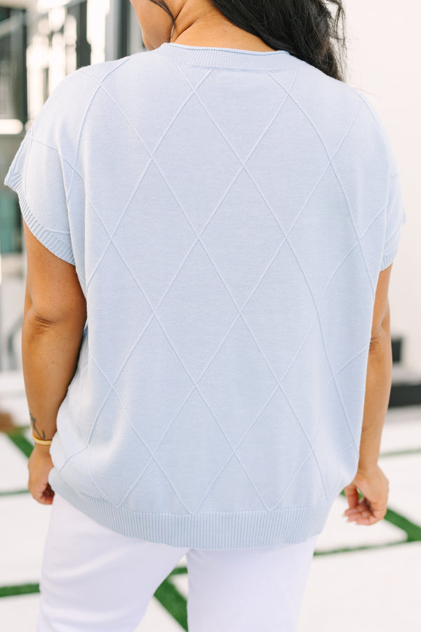 Chic Soul plus size clothing, blue short sleeve sweater with a diamond panel texture throughout. 