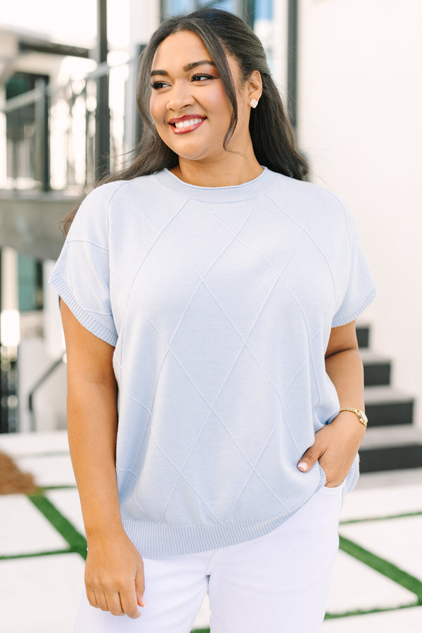 Chic Soul plus size clothing, blue short sleeve sweater with a diamond panel texture throughout. 