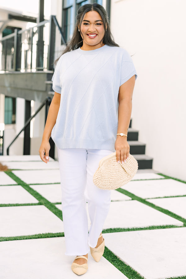 Chic Soul plus size clothing, blue short sleeve sweater with a diamond panel texture throughout. 