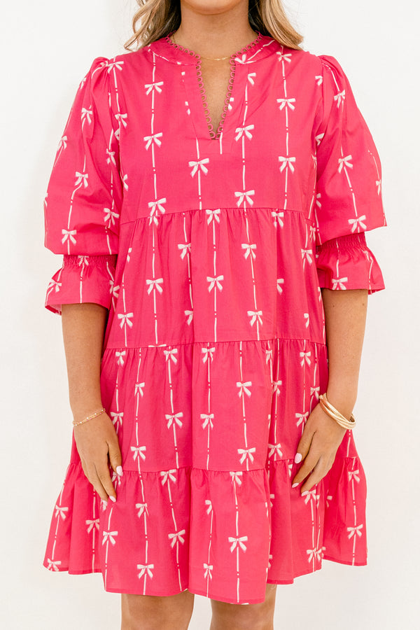 Chic Soul plus size clothing, hot pink mid sleeve short dress with light pink bow print, baby doll fit, and v-neckline