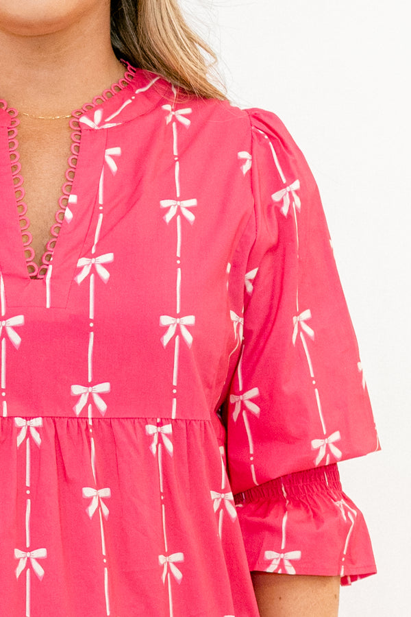 Chic Soul plus size clothing, hot pink mid sleeve short dress with light pink bow print, baby doll fit, and v-neckline