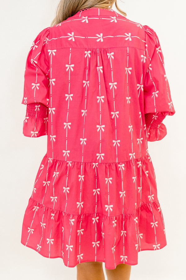 Chic Soul plus size clothing, hot pink mid sleeve short dress with light pink bow print, baby doll fit, and v-neckline