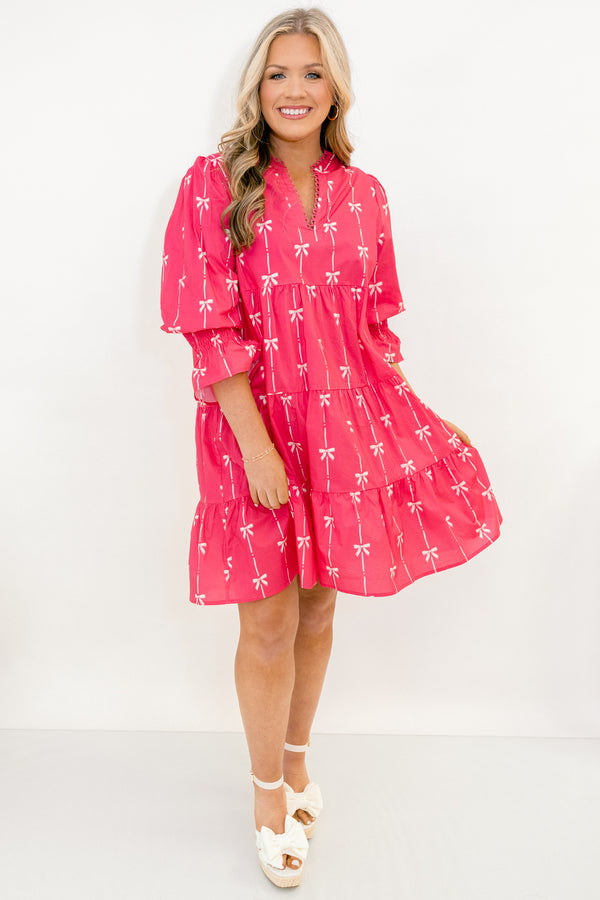 Chic Soul plus size clothing, hot pink mid sleeve short dress with light pink bow print, baby doll fit, and v-neckline