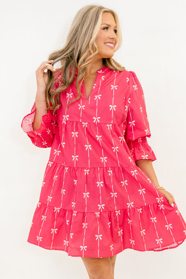 Chic Soul plus size clothing, hot pink mid sleeve short dress with light pink bow print, baby doll fit, and v-neckline