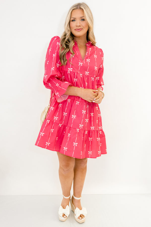 Chic Soul plus size clothing, hot pink mid sleeve short dress with light pink bow print, baby doll fit, and v-neckline