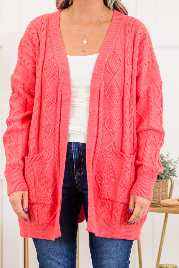 Chic Soul plus size clothing, coral long sleeve mid thigh length cardigan with cable knit pattern with two pockets on each side with ribbed cuff sleeves