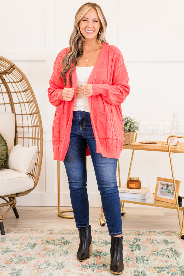 Chic Soul plus size clothing, coral long sleeve mid thigh length cardigan with cable knit pattern with two pockets on each side with ribbed cuff sleeves