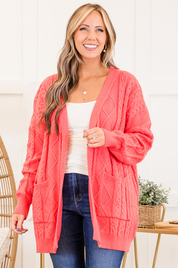 Chic Soul plus size clothing, coral long sleeve mid thigh length cardigan with cable knit pattern with two pockets on each side with ribbed cuff sleeves