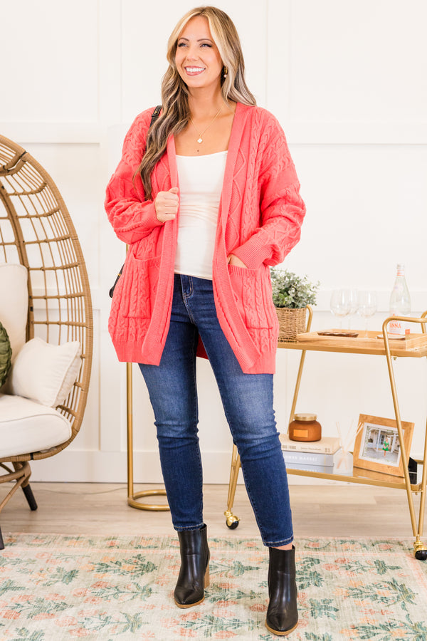 Chic Soul plus size clothing, coral long sleeve mid thigh length cardigan with cable knit pattern with two pockets on each side with ribbed cuff sleeves