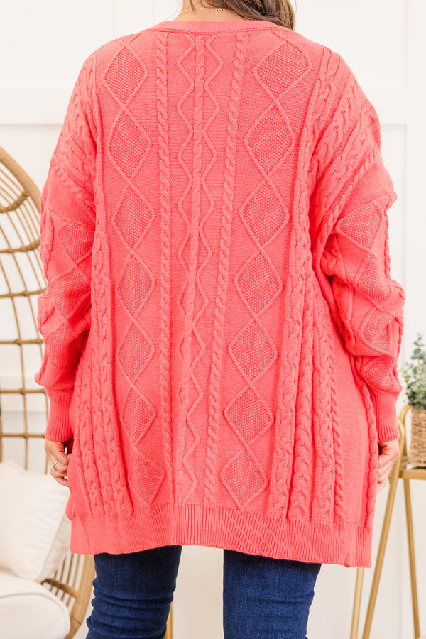Chic Soul plus size clothing, coral long sleeve mid thigh length cardigan with cable knit pattern with two pockets on each side with ribbed cuff sleeves