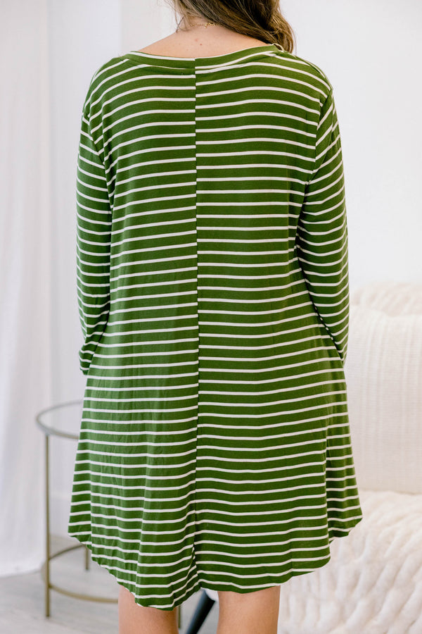 Chic Soul plus size clothing, dark green long sleeve scoop hem casual dress with white horizontal pin stripes
