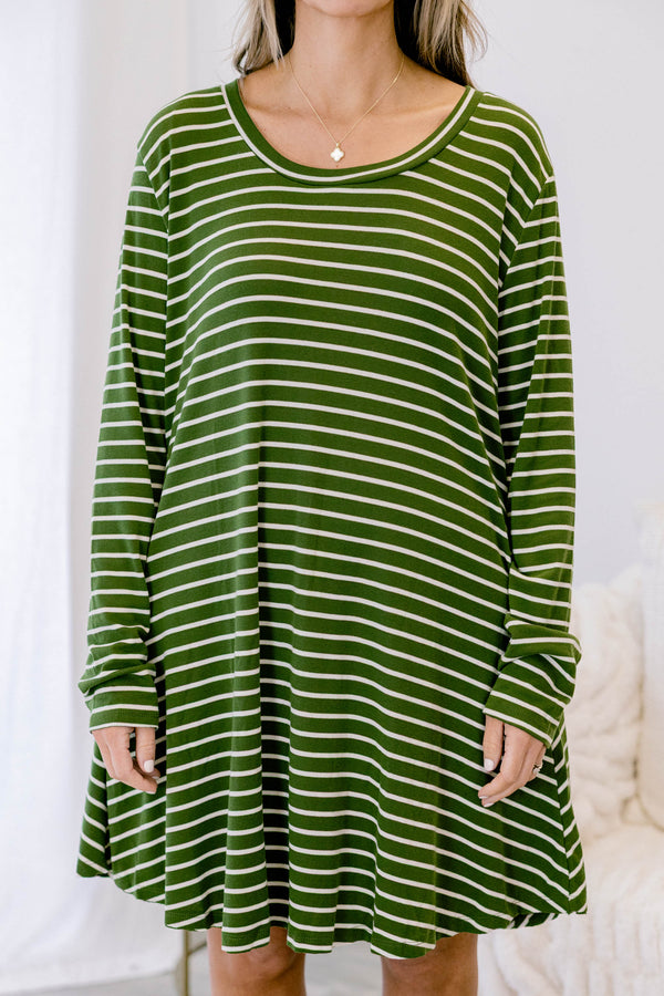 Chic Soul plus size clothing, dark green long sleeve scoop hem casual dress with white horizontal pin stripes