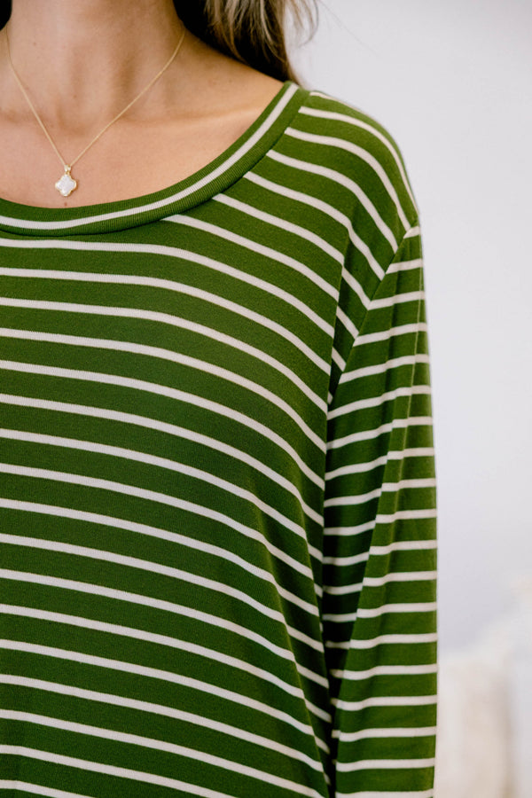 Chic Soul plus size clothing, dark green long sleeve scoop hem casual dress with white horizontal pin stripes