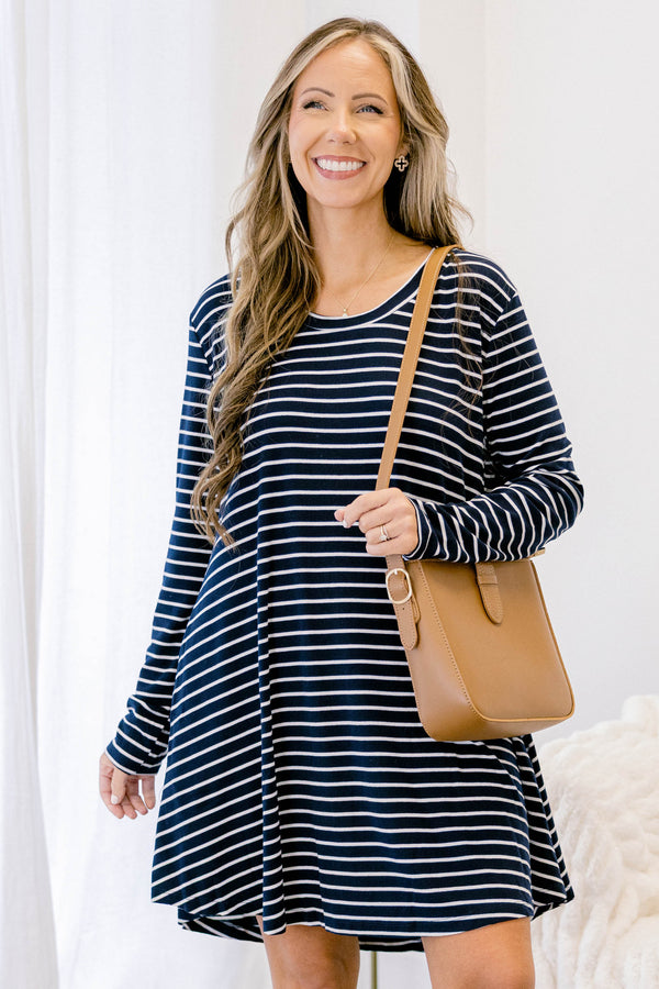 Chic Soul plus size clothing, navy long sleeve scoop hem casual dress with white horizontal pin stripes
