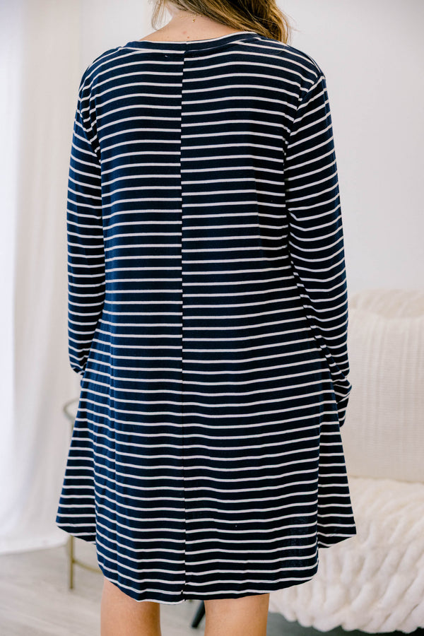 Chic Soul plus size clothing, navy long sleeve scoop hem casual dress with white horizontal pin stripes
