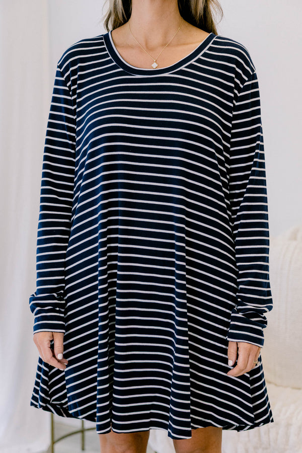 Chic Soul plus size clothing, navy long sleeve scoop hem casual dress with white horizontal pin stripes

