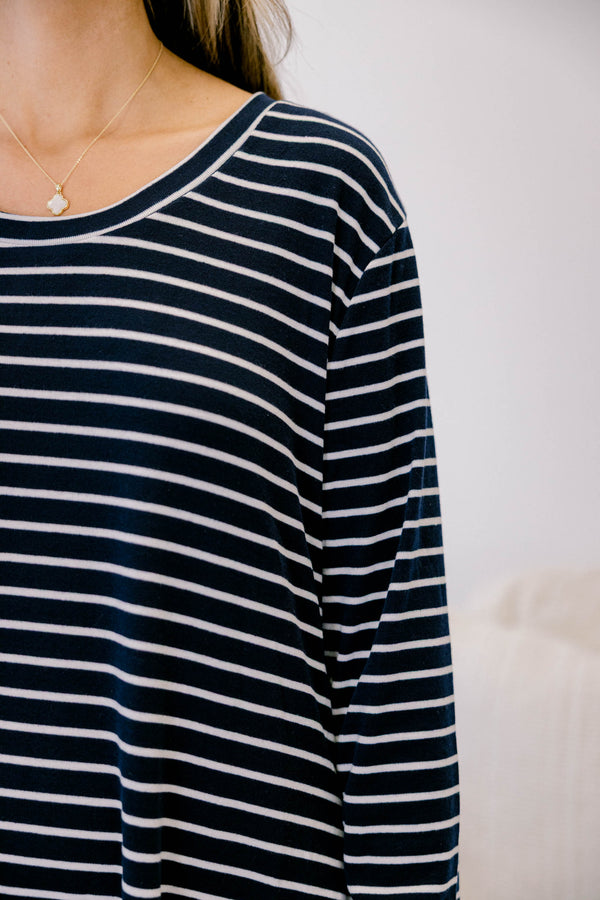 Chic Soul plus size clothing, navy long sleeve scoop hem casual dress with white horizontal pin stripes
