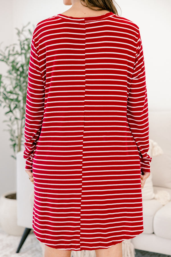 Chic Soul plus size clothing, red and white stripe long sleeve short shift dress with scoop neckline