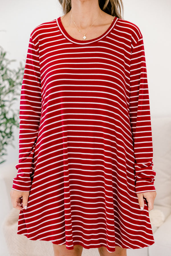 Chic Soul plus size clothing, red and white stripe long sleeve short shift dress with scoop neckline