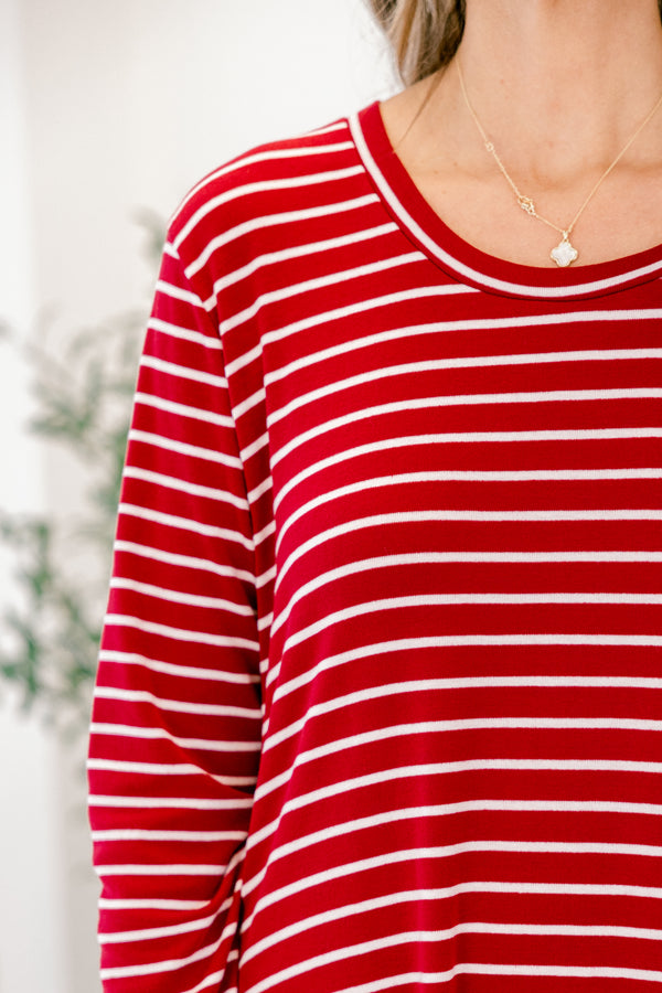 Chic Soul plus size clothing, red and white stripe long sleeve short shift dress with scoop neckline