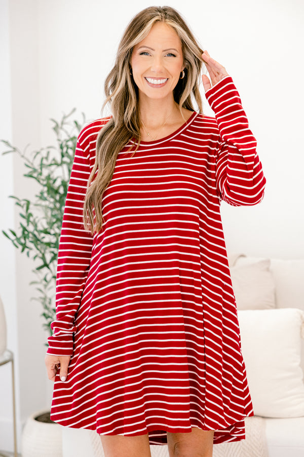 Chic Soul plus size clothing, red and white stripe long sleeve short shift dress with scoop neckline