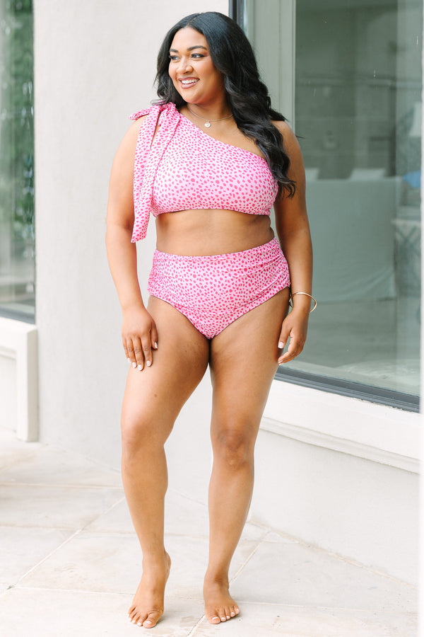 Chic Soul plus size clothing, pink leopard one shoulder swim top with white tie bow detail on he right shoulder 