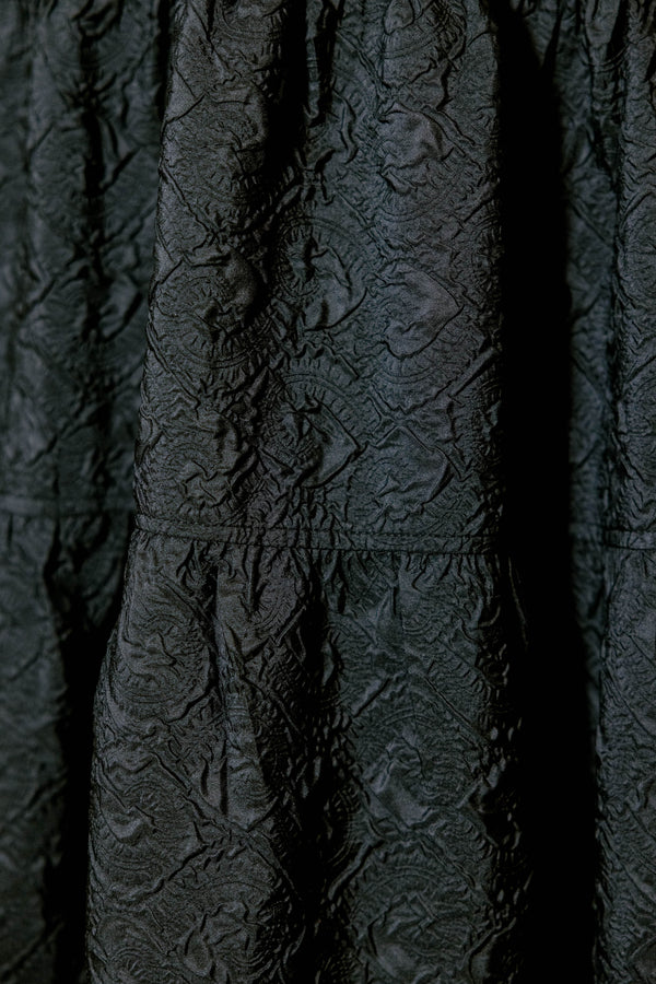 Chic Soul plus size clothing, black tiered maxi dress with black toile print and straps that tie into bows 