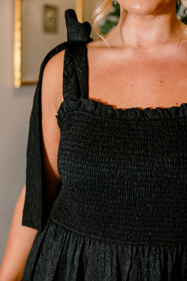 Chic Soul plus size clothing, black tiered maxi dress with black toile print and straps that tie into bows 