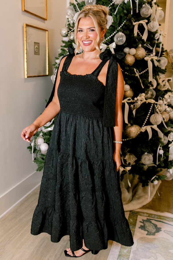 Chic Soul plus size clothing, black tiered maxi dress with black toile print and straps that tie into bows 