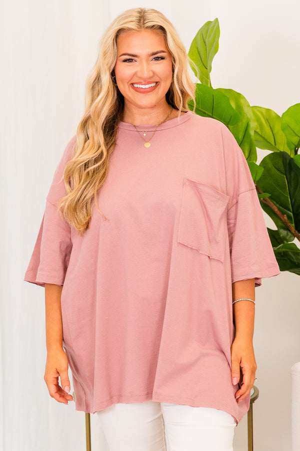 Chic Soul plus size clothing, light rose short sleeve baggy tshirt with chest pocket