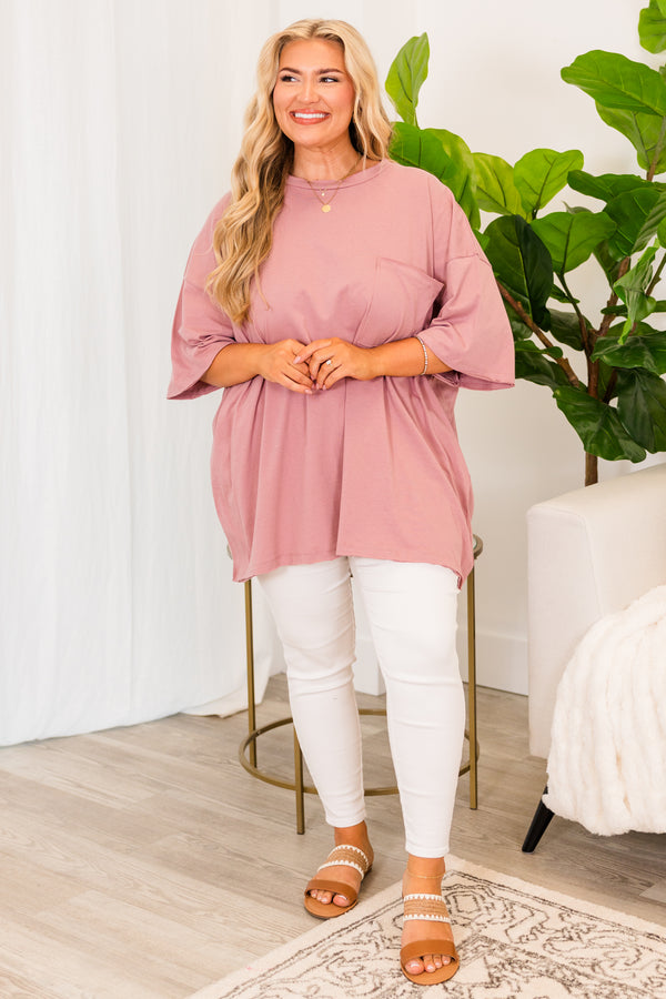 Chic Soul plus size clothing, light rose short sleeve baggy tshirt with chest pocket