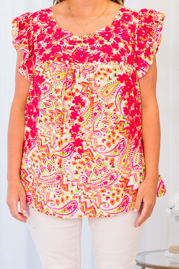 Chic Soul plus size clothing, ivory multi paisley print top with scoop neckline and ruffle short sleeves