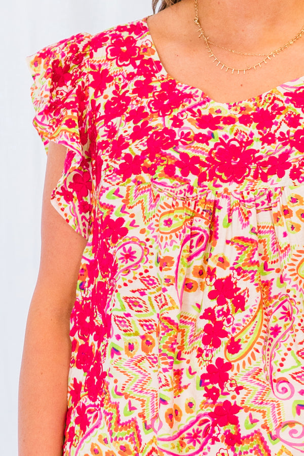 Chic Soul plus size clothing, ivory multi paisley print top with scoop neckline and ruffle short sleeves