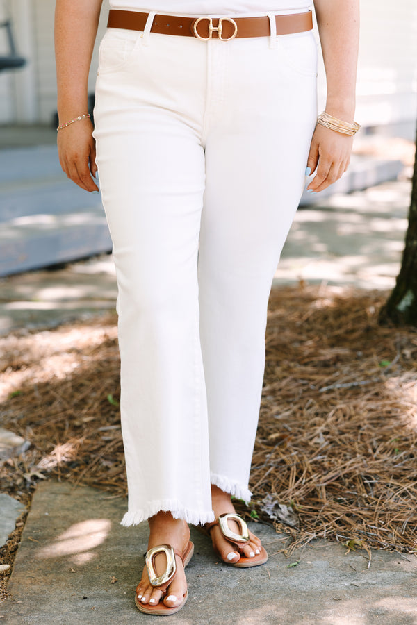 Chic soul plus size clothing, White straight leg high rise jeans with distressed hem
