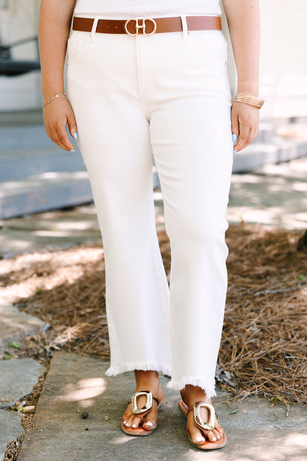 Chic soul plus size clothing, White straight leg high rise jeans with distressed hem
