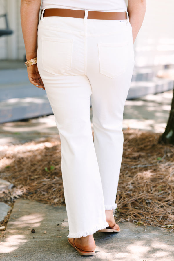 Chic soul plus size clothing, White straight leg high rise jeans with distressed hem
