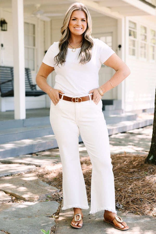 Chic soul plus size clothing, White straight leg high rise jeans with distressed hem
