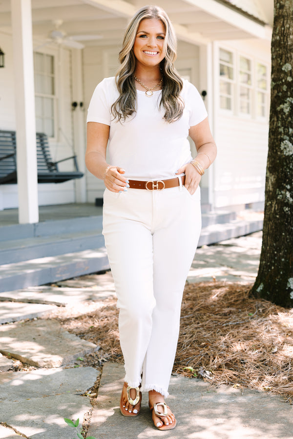 Chic soul plus size clothing, White straight leg high rise jeans with distressed hem
