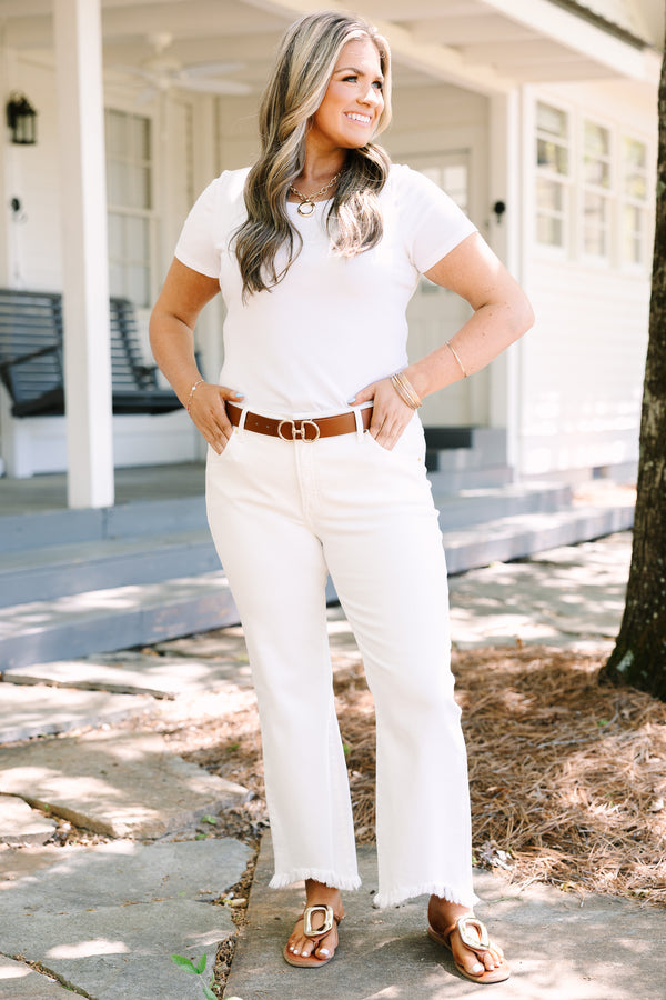 Chic soul plus size clothing, White straight leg high rise jeans with distressed hem
