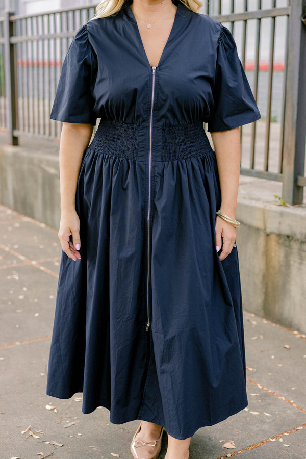 Chic Soul plus size clothing, navy short bell sleeve maxi dress that cinches at the waist and has a zipper down the middle