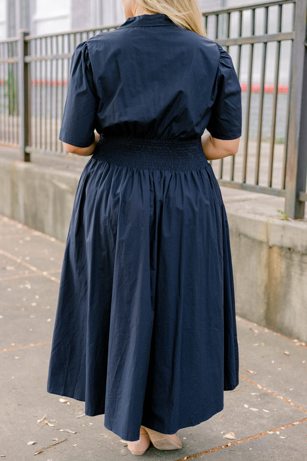Chic Soul plus size clothing, navy short bell sleeve maxi dress that cinches at the waist and has a zipper down the middle