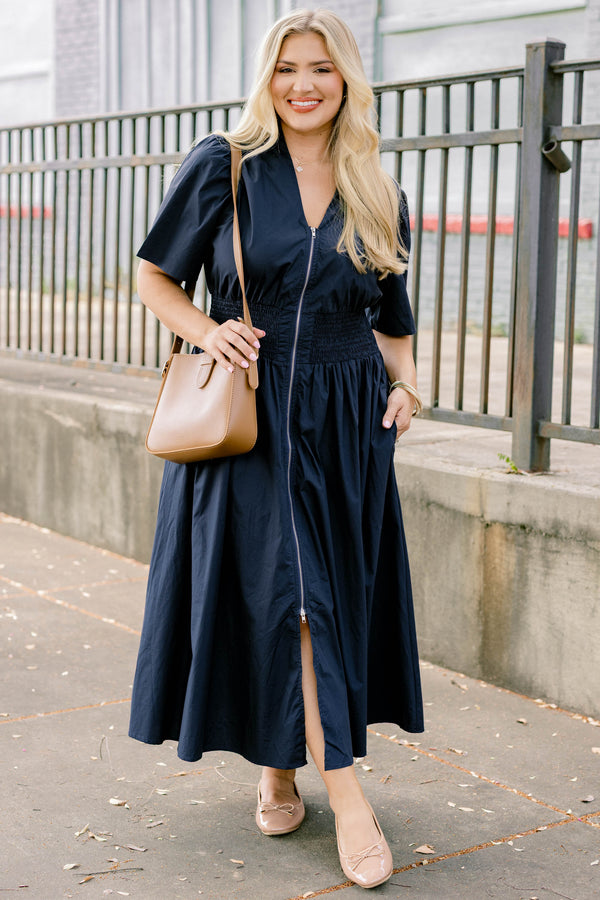 Chic Soul plus size clothing, navy short bell sleeve maxi dress that cinches at the waist and has a zipper down the middle