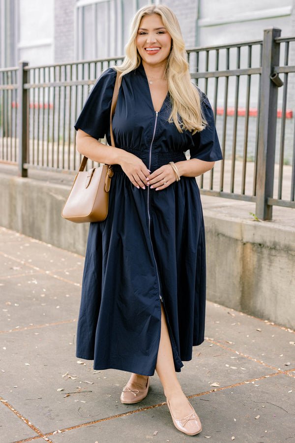 Chic Soul plus size clothing, navy short bell sleeve maxi dress that cinches at the waist and has a zipper down the middle
