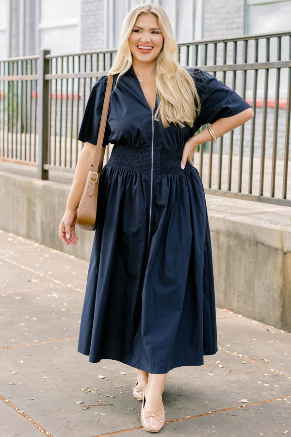Chic Soul plus size clothing, navy short bell sleeve maxi dress that cinches at the waist and has a zipper down the middle
