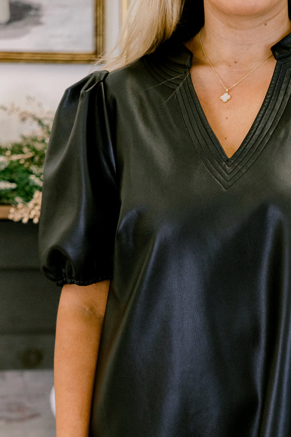 Chic Soul plus size clothing, black faux leather puff short sleeve short dress with v-neckline