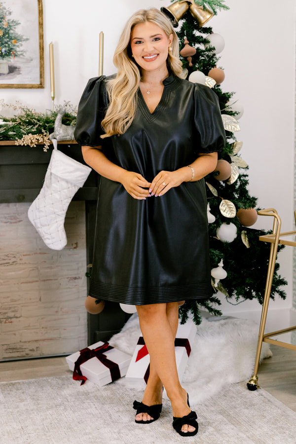 Chic Soul plus size clothing, black faux leather puff short sleeve short dress with v-neckline