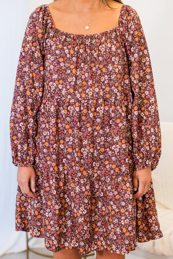 Chic Soul plus size clothing, long-sleeve maroon red ruffled baby doll dress with square-neckline and orange and pink floral pattern detailing