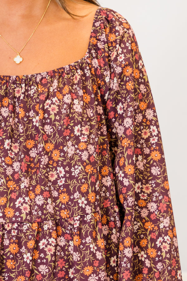 Chic Soul plus size clothing, long-sleeve maroon red ruffled baby doll dress with square-neckline and orange and pink floral pattern detailing